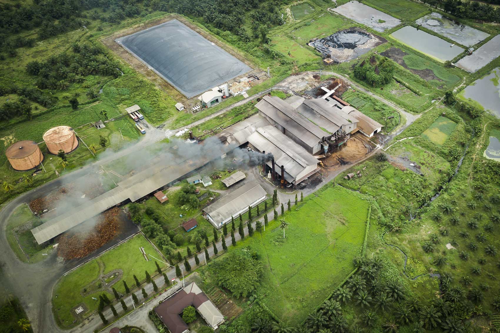 Aerial view of palm oil factory in Sumatra, Indonesia © David Coulson Canadian conservation photojournalist
