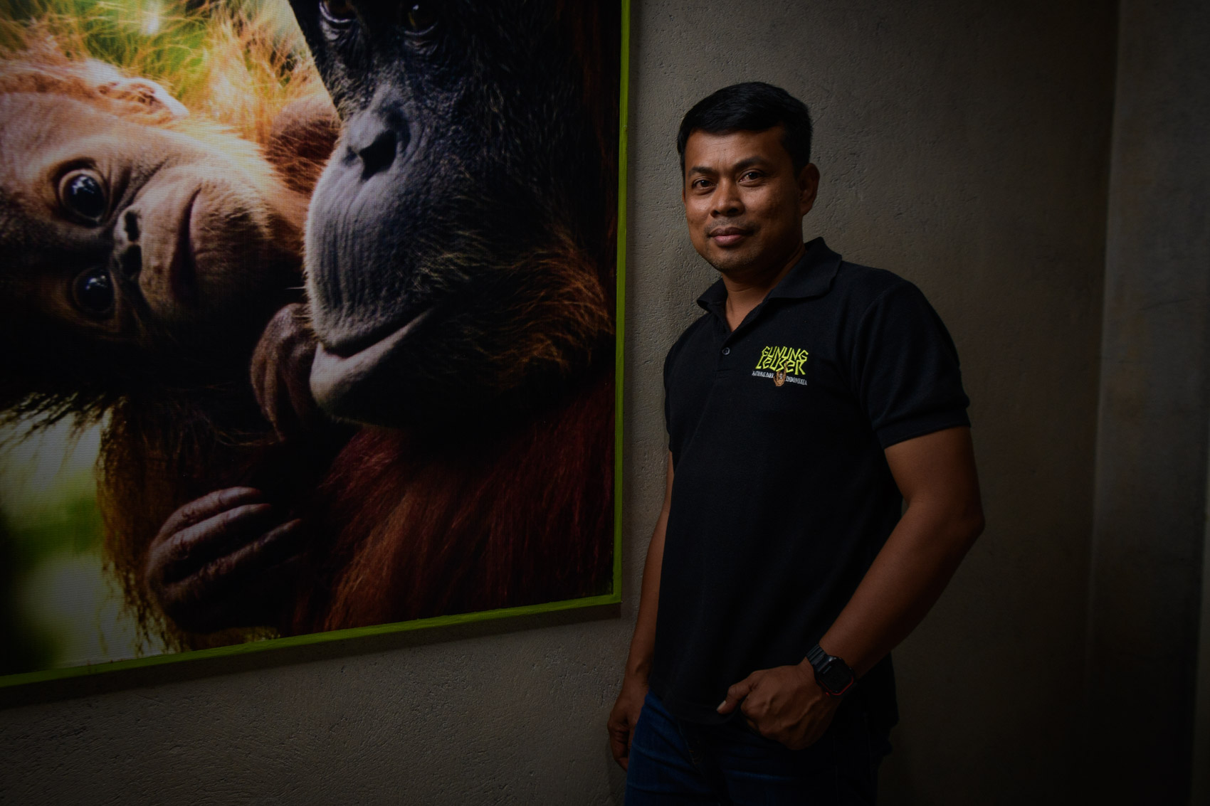 Panut Hadisiswoyo, founder of the Oranguatan Information Centre stands beside a picture of an orangutan