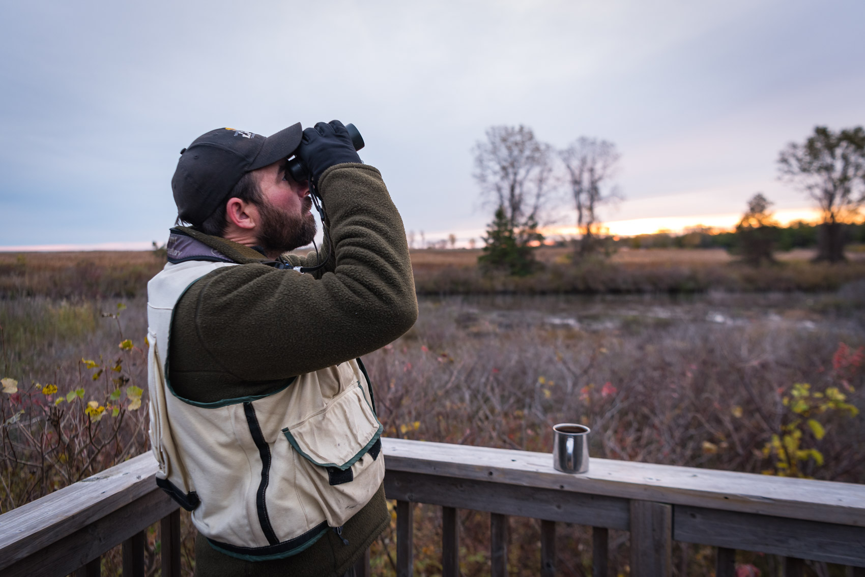 Long Point Bird Observatory coordinator looking through binoculars on a viewing platform